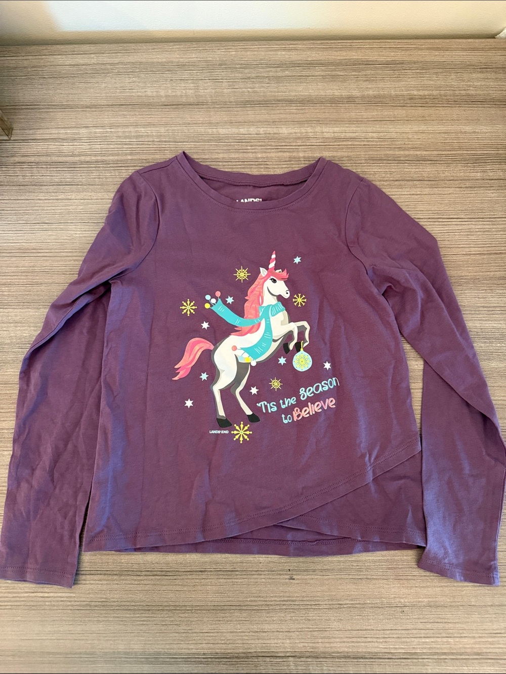 Lands' End Girls Long-Sleeve Unicorn Tee - Plum with Multicolor Graphic